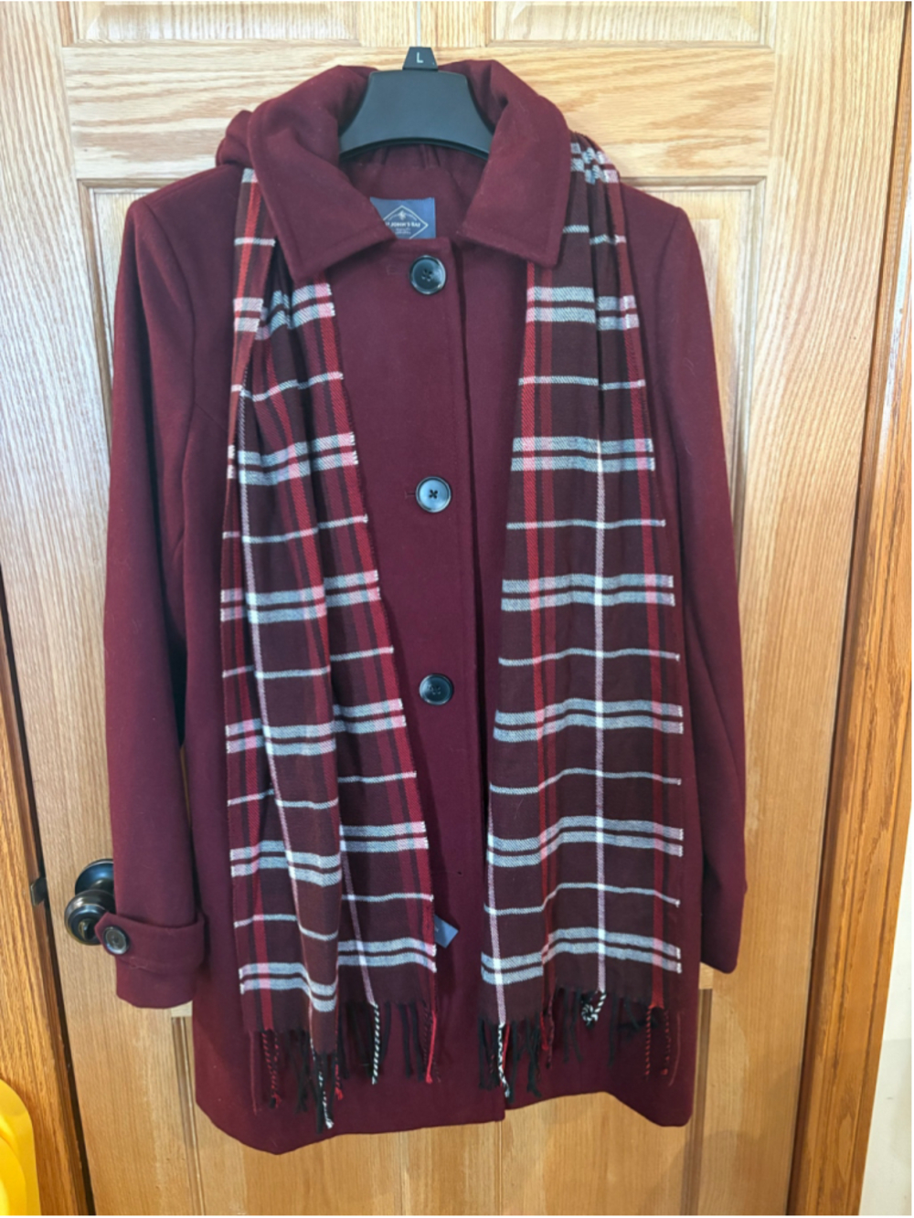Women's St. John's Bay Burgundy Pea Coat with Scarf, Size L